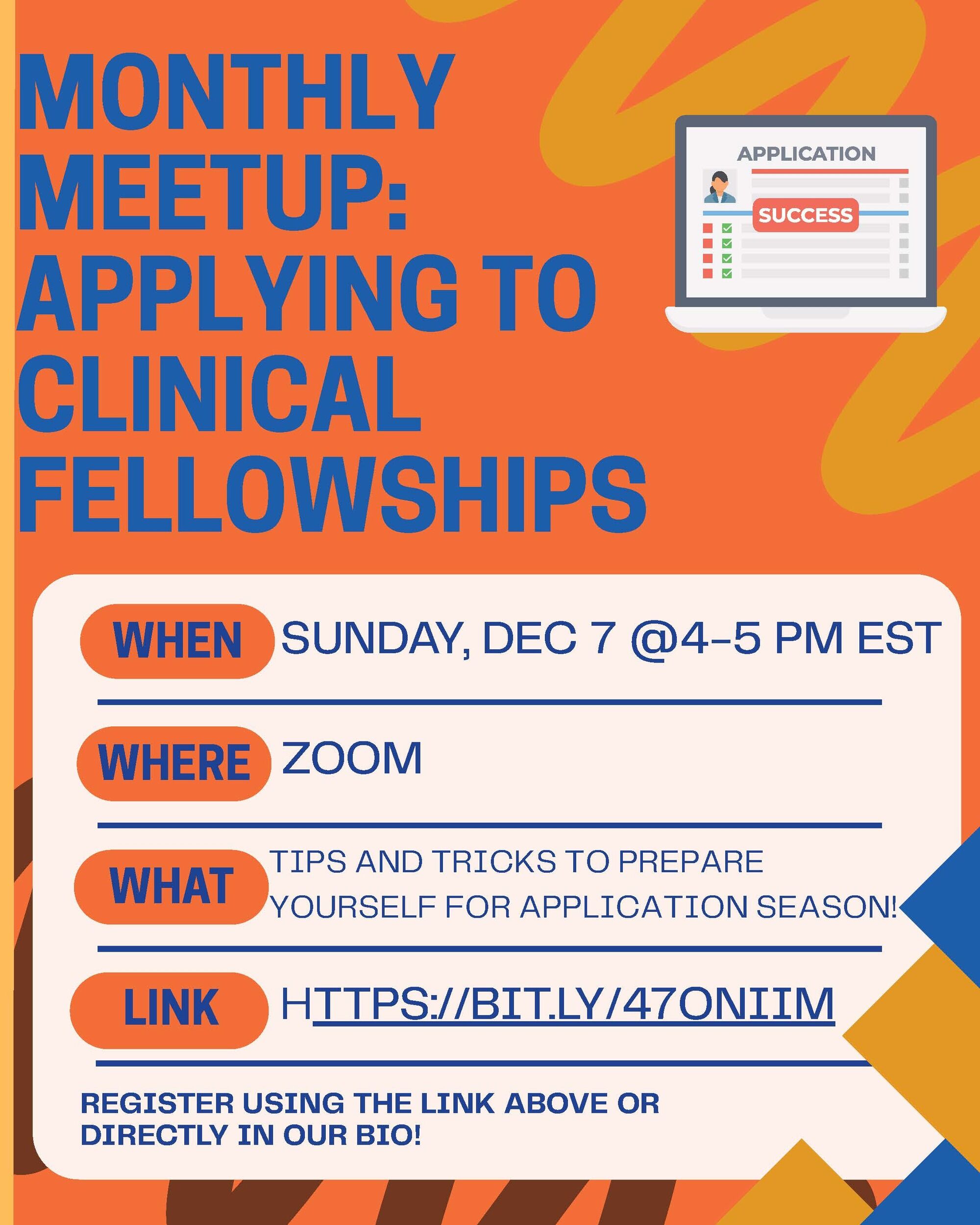 orange, yellow, and blue flyer with event title and information